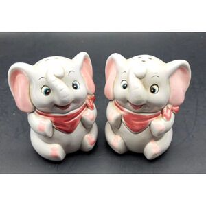 Vintage Gray Pink Ceramic Elephant S&P Shakers Made In Taiwan 3.5" Tall Adorable